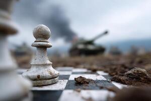 Chess piece in foreground with battle tank in background during an overcast day photo