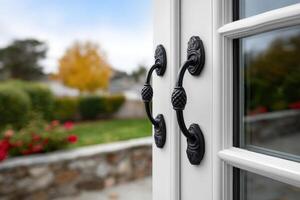 Elegant white French doors with black handles open to a beautiful garden view in autumn setting photo