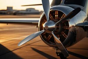 Polished metal airplane propeller reflecting sunlight during golden hour at an airfield photo