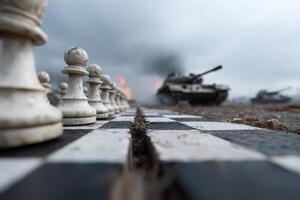 Chess pieces lined up with a tank in the background during a dramatic battlefield moment photo