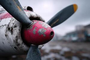 Worn airplane propeller close-up reveals intricate details and history in overcast weather photo