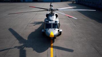 Main rotor system displayed on a military helicopter during ground inspection photo