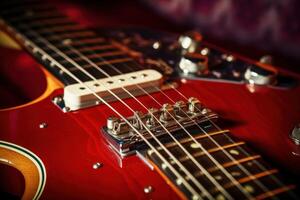 Close up view of the neck and headstock of a vintage electric guitar showcasing intricate details photo