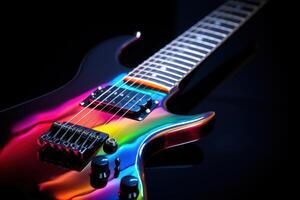Guitar neck illuminated with vibrant multicolor LED lights in a dark setting photo