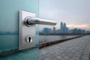 Minimalist glass door handle with cityscape view in the background during dusk hours photo