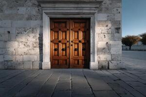 Wooden door with intricate carvings and rustic charm on a beautiful stone building photo