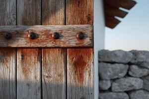 Wooden barn door with metal hinges in rural setting at sunset photo