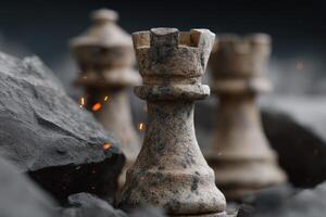 Fantasy chess battlefield with stone rooks surrounded by mystical elements and dark terrain photo