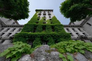 Broken windows reveal decay of abandoned office building overrun by greenery photo