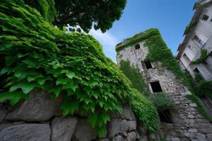 Broken windows of abandoned office building covered in green ivy during daytime photo