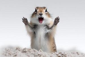 Marmot standing on its hind legs in a sandy environment during daytime exploration photo