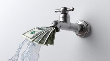 Faucet pouring US dollar bills like water in a creative money flow concept photo