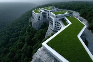 Living architecture buildings blend with nature on a rocky landscape in foggy conditions photo