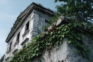 Office building showing decay with broken windows and overgrown greenery in a forgotten area photo