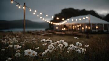 Glowing wildflower meadow at dusk with string lights illuminating a peaceful gathering photo