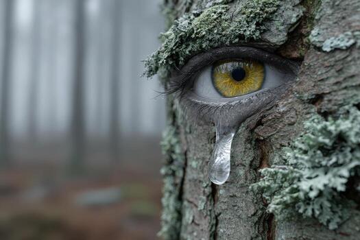 Sap drips from tree trunk forming a unique shape in a misty forest environment photo