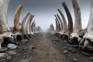 Fossilized bone corridor leads through a mysterious landscape at dusk photo