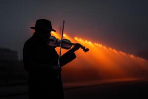 Violinist performs captivating music in the night under glowing lights photo
