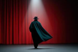 Actor performs dramatically in an old theater under a spotlight with red curtains photo