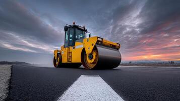 Road roller operates on freshly laid asphalt under dramatic sky at dusk photo