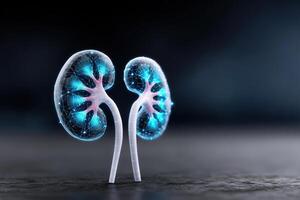 Polygonal wireframe representation of kidneys on a blue background showcasing anatomy and structure photo