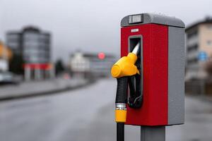 Realistic modern gasoline pump in red color with foggy surroundings on a quiet street photo