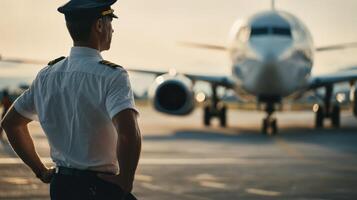 Male pilot inspects airplane on tarmac during golden hour at the airport photo