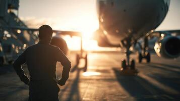 Male pilot inspects aircraft at sunset on the tarmac before takeoff photo