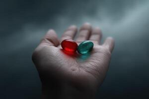 Close-up view of red and green gel capsules held in an open hand against a misty background photo