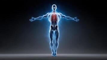 Holographic interface of a man demonstrating technology and human anatomy in a futuristic setting photo