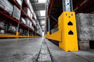 Yellow rack support in a large industrial warehouse with organized inventory photo