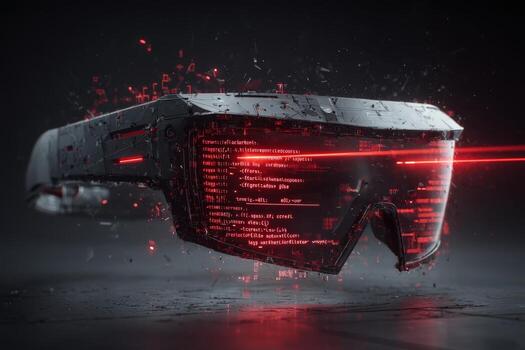 Cybernetic black glasses with digital elements and glowing red effects in futuristic design photo