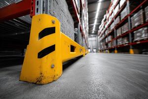 Yellow safety barrier is positioned in a bustling industrial warehouse filled with stacks of goods photo