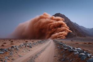 Sand storm engulfs desert landscape near rocky mountain in late afternoon light photo