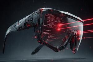 Innovative cybernetic black glasses displayed against a dark background with digital elements photo