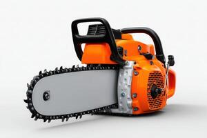 Chainsaw placed on the ground ready for cutting trees and clearing lumber in outdoor settings photo