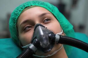Patient recovering with oxygen mask in medical facility, focus on serenity and care photo