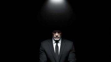 Mysterious figure in a dark room illuminated by a single overhead light source photo