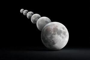 Sequence of grayscale moons showcasing phases against a black background photo