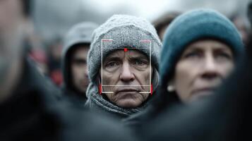 Facial recognition camera feed showing crowd at outdoor event during overcast weather photo