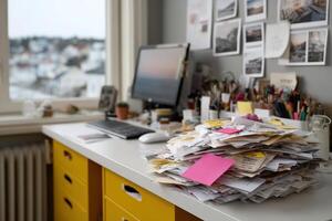 Papers and ideas scattered across a chaotic workspace desk in a bright environment photo