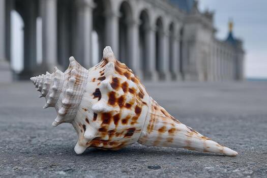 Shell resembling a baroque palace resting on a stone surface near grand architecture photo
