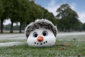 Snowman melting under intense summer sun on a bright afternoon in a park photo