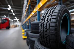 Rows of tires stored in an industrial warehouse for inventory management photo