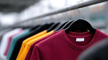 Chain management process in apparel brand displays colorful t-shirts on hangers outside photo