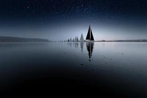 Sailing across a tranquil lake under a sky filled with stars and reflections at night photo