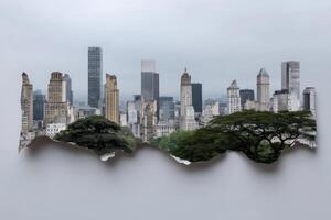 Exploring city views through torn diary pages and family memories in an urban landscape photo
