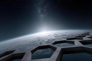 Beehive garden illuminated by refracted stars above a distant horizon photo