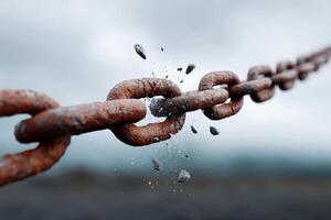 Chains breaking mid-air with sparks and flying debris in ultra-slow motion during a cloudy day photo