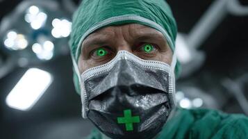 Surgeon with glowing eyes stands beneath bright surgical lights in an operating room photo